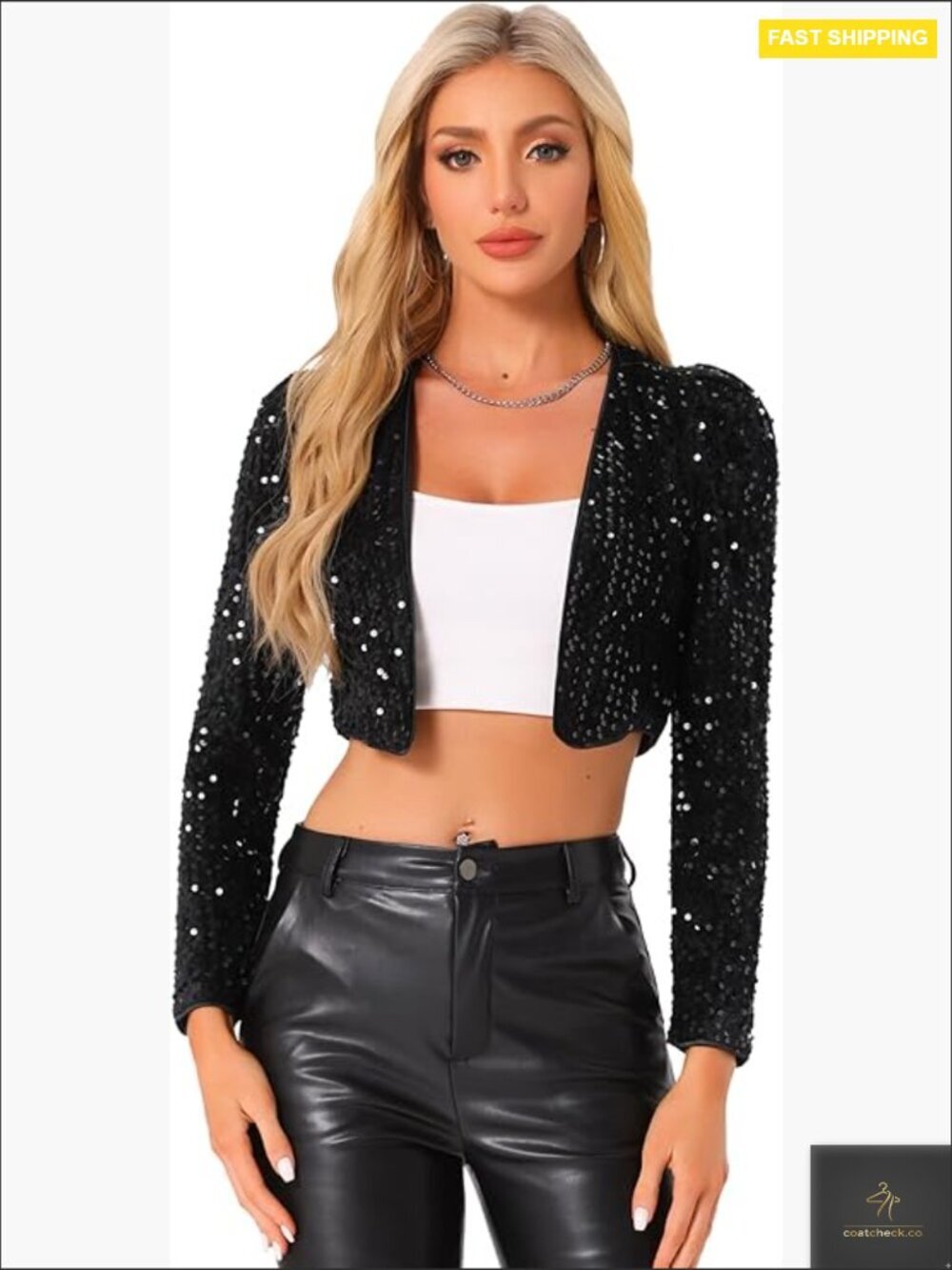 Sequin Cropped Blazer Sparkly Glitter Open Front Puff Shoulder Chic Y2K